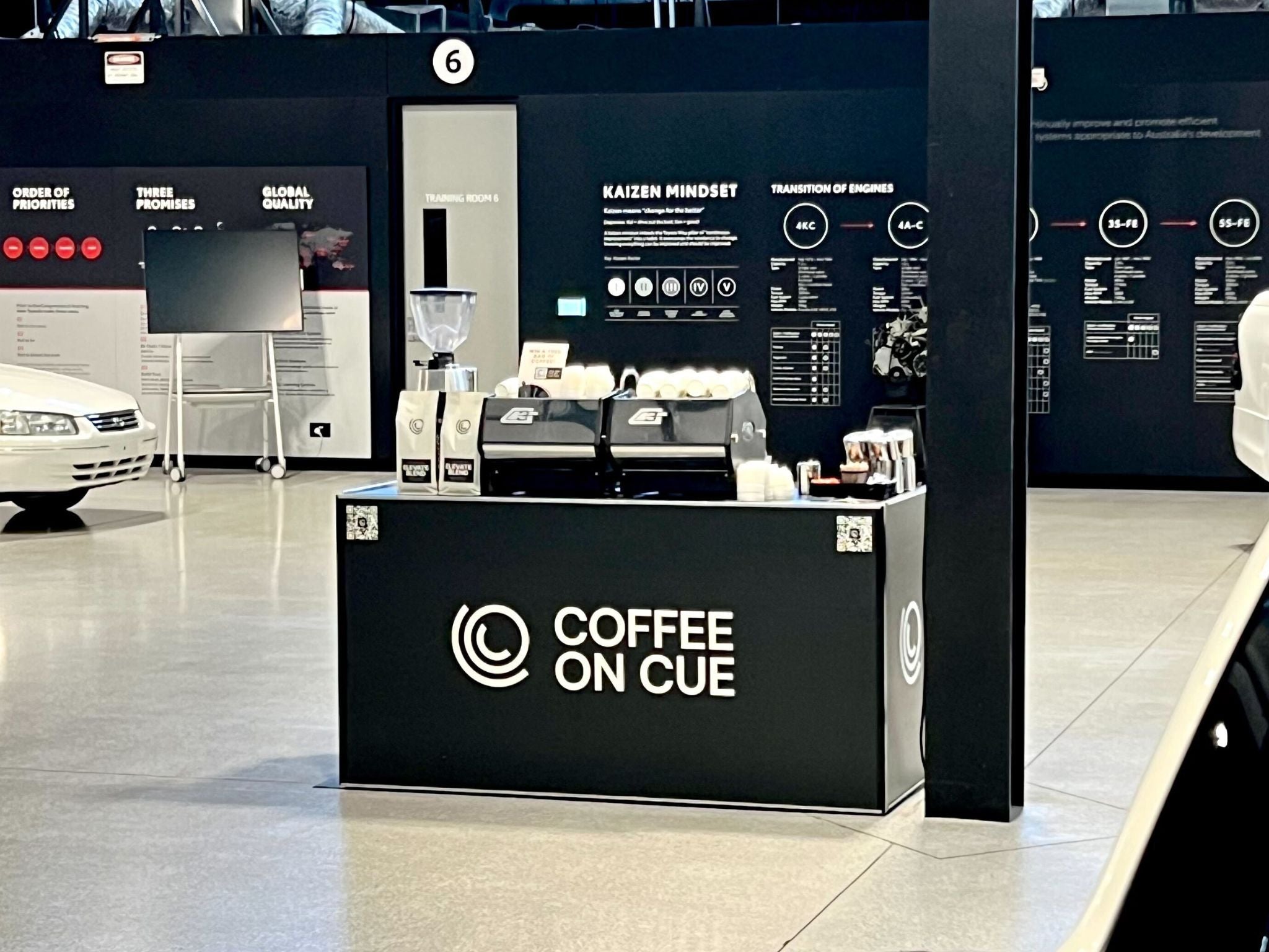 Coffee cart inside of manufacturing warehouse