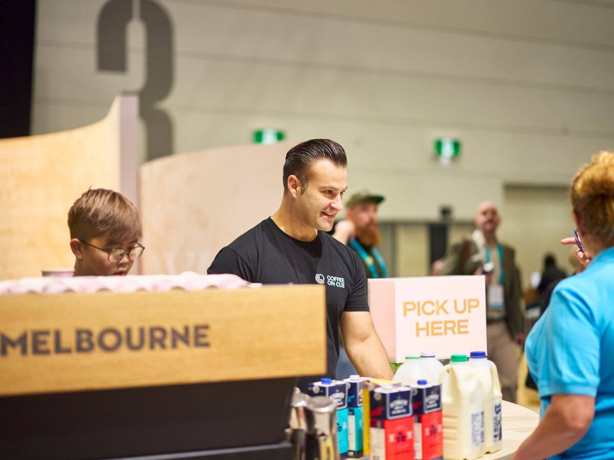 Coffee cart on Visit Victoria tradestand at ATE show