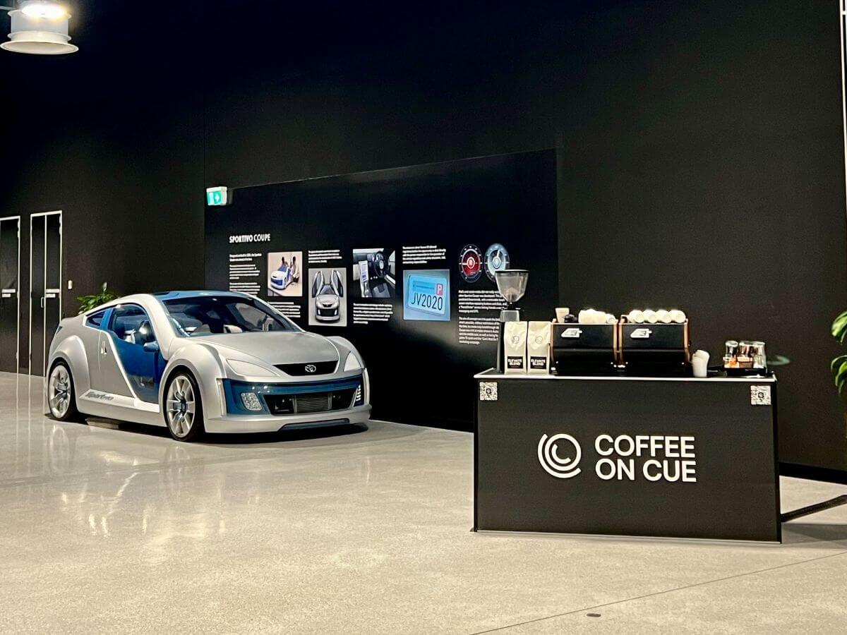 Mobile coffee cart in automobile workshop at Toyota