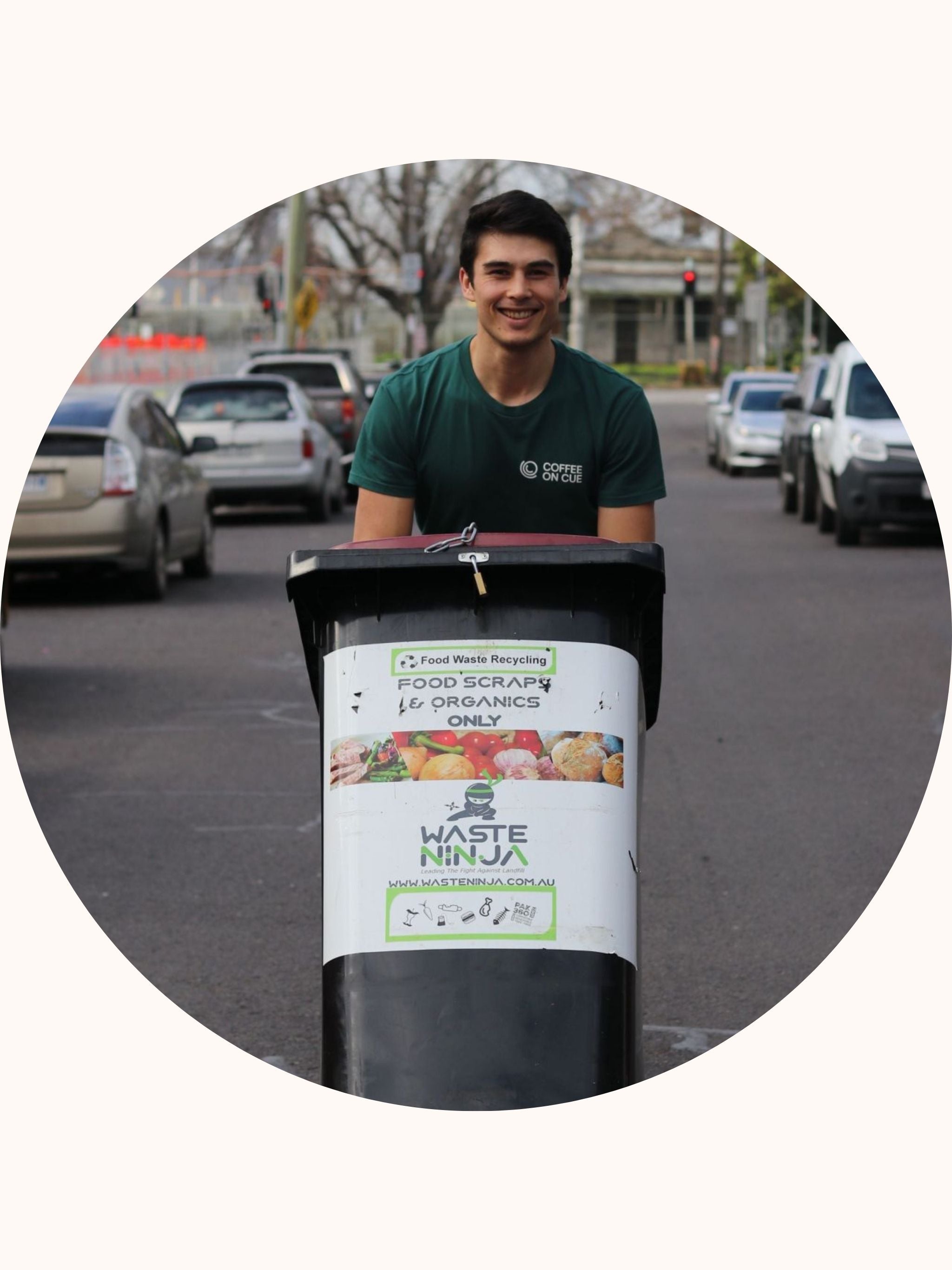 Waste collection bin pushed by barista