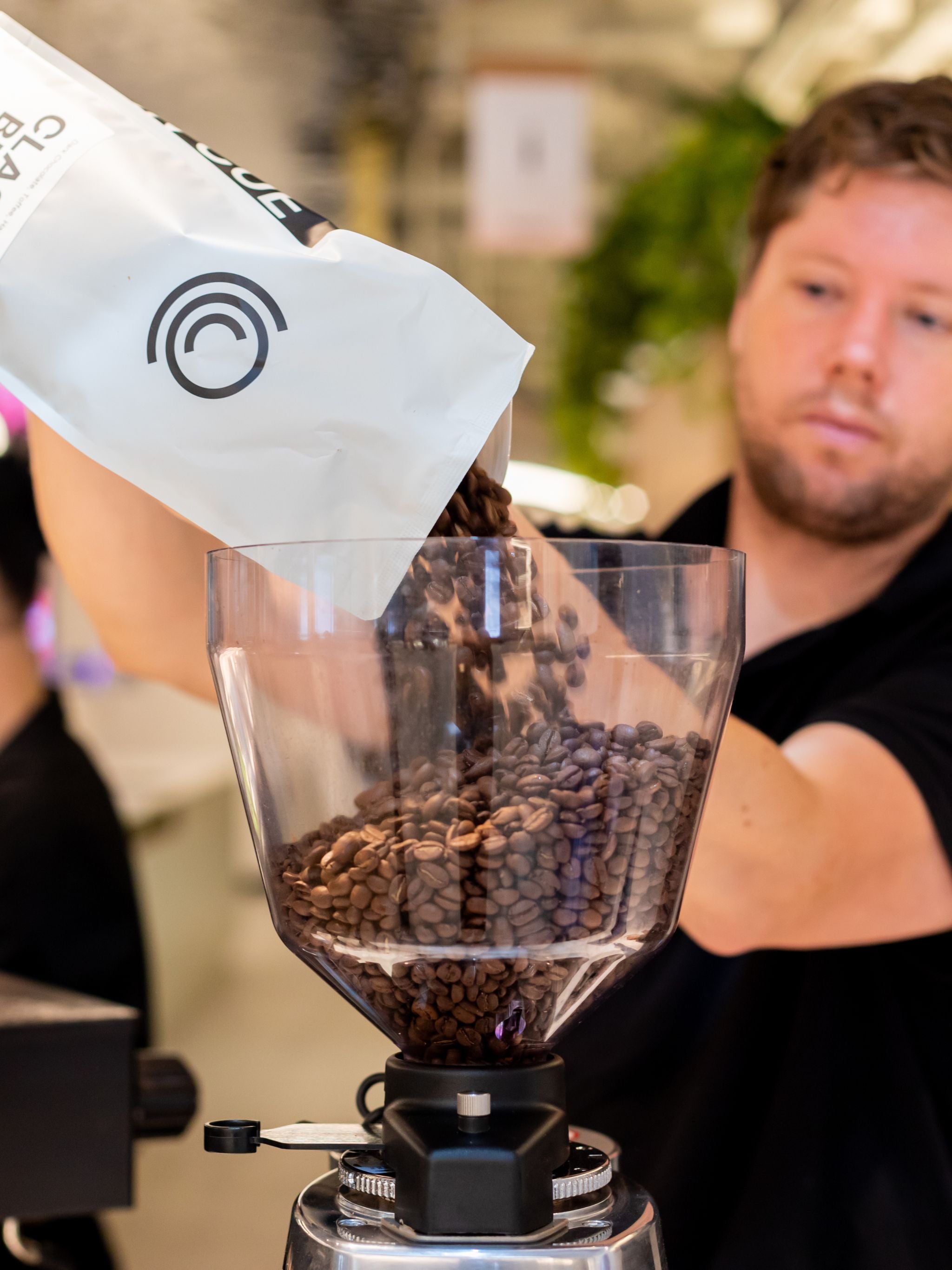 Roasted beans poured into grinder hopper